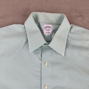 Brooks Brothers Shirt Men 17 35‎ Aqua Green Gingham Check Non Iron Preppy Office